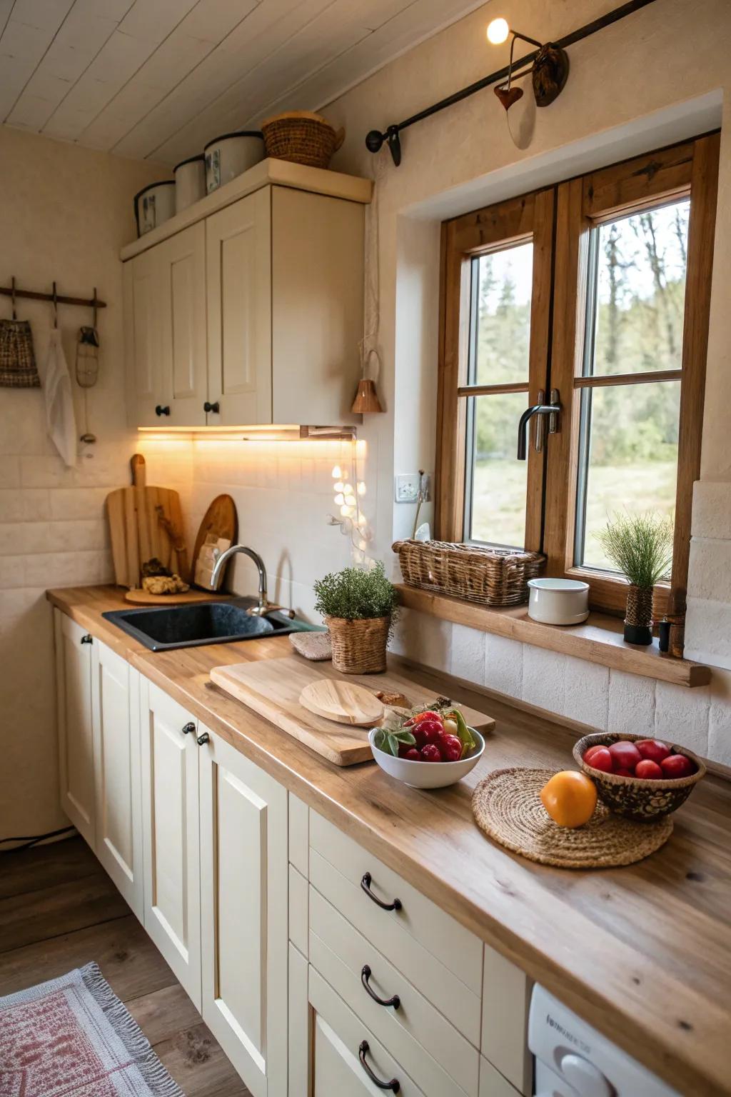 Wooden countertops bring a warm element to a small kitchen.