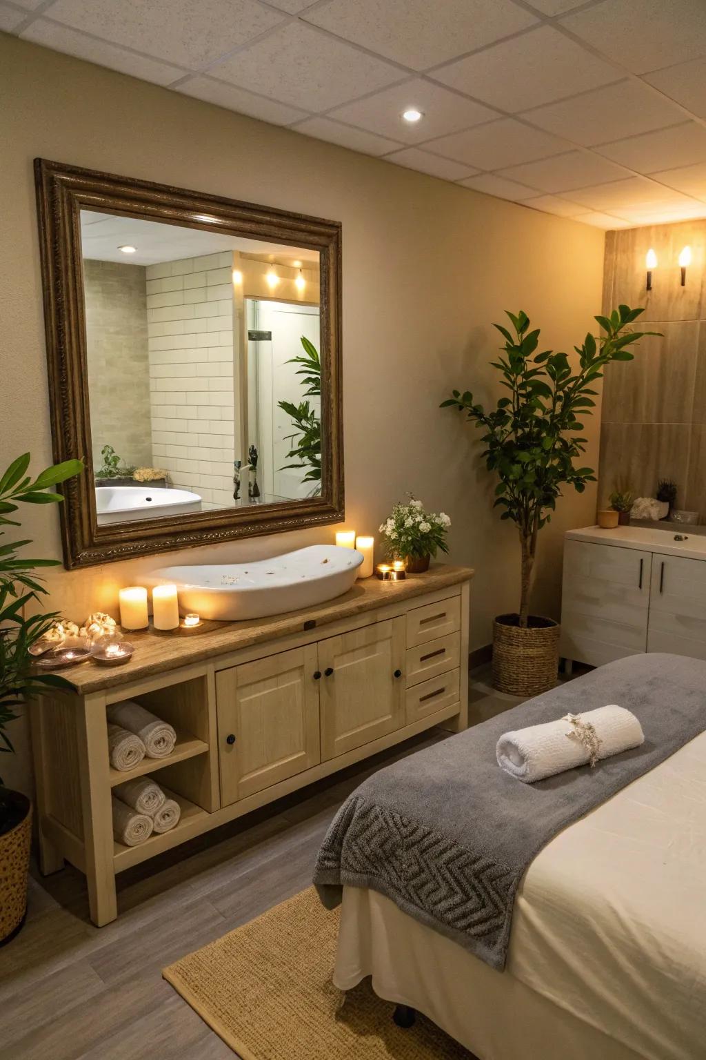Mirrors used to give the appearance of more space in a spa room