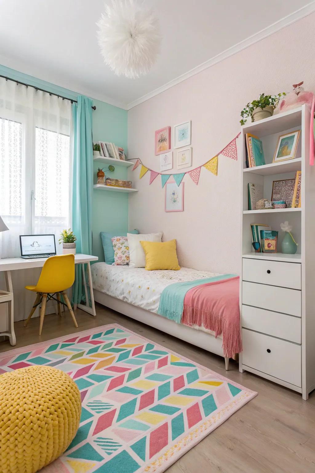 Light shades create the illusion of space, enhanced by strategically placed colorful details.
