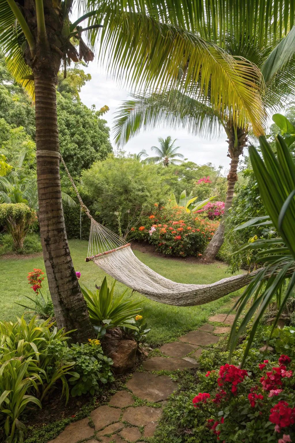 A hammock set amongst greenery provides the ideal relaxation spot.