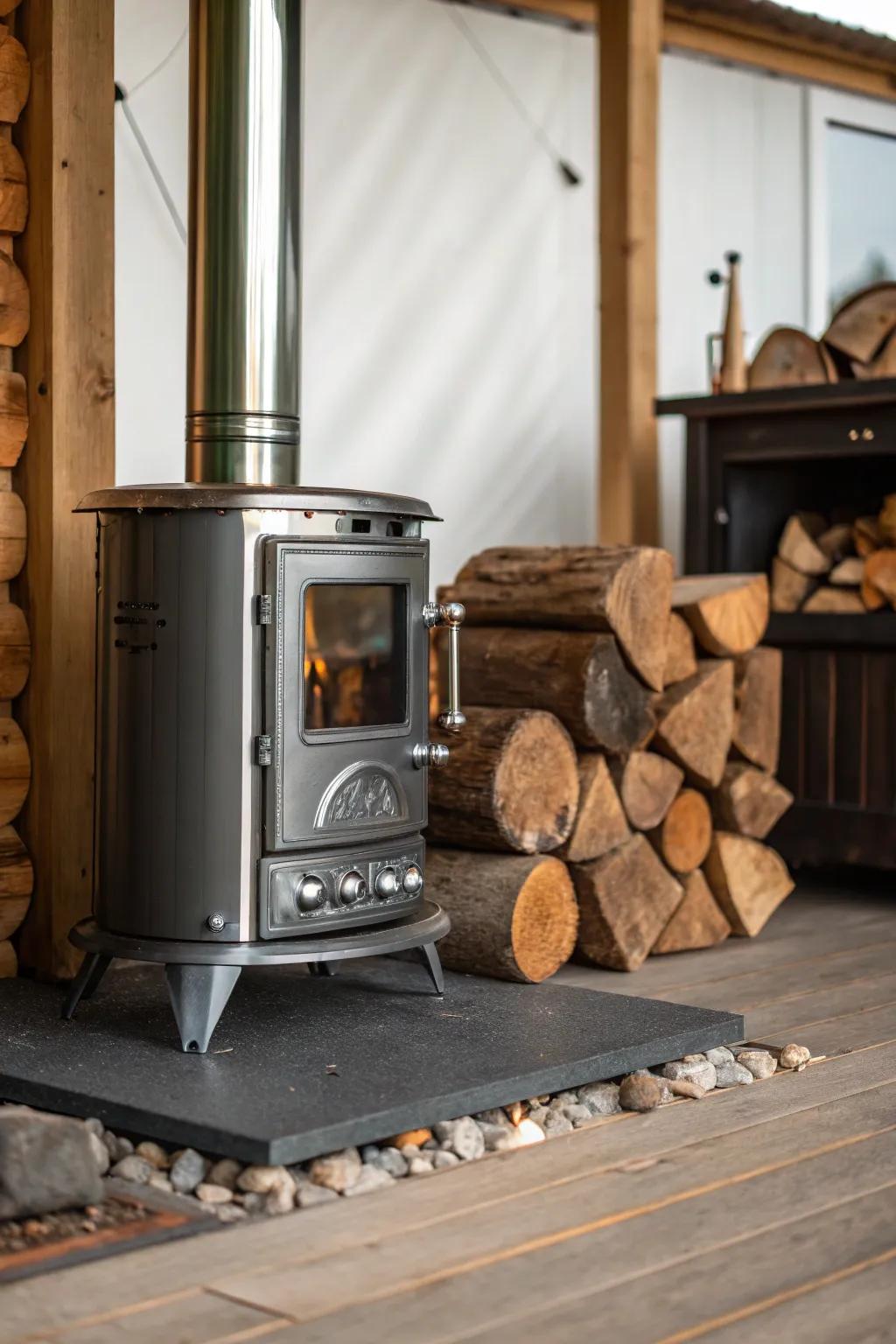 A perfect blend of modern and rustic elements featuring a sleek wood stove and wooden accents.