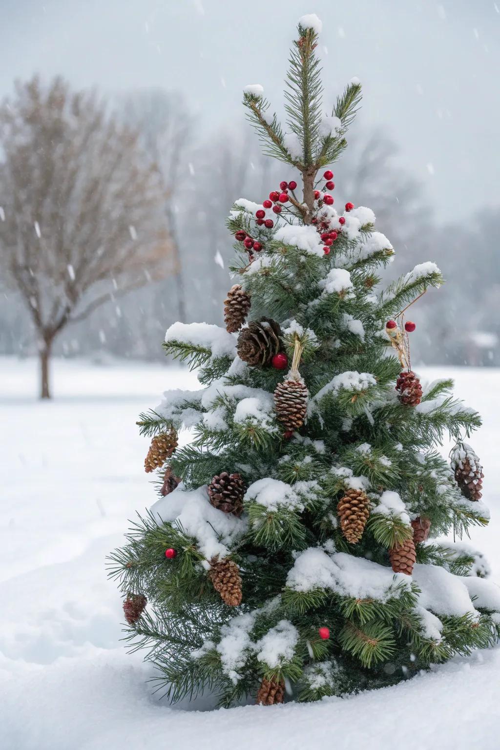 Organic details such as pinecones and fruit give a rustic appeal to a snowy Christmas tree.