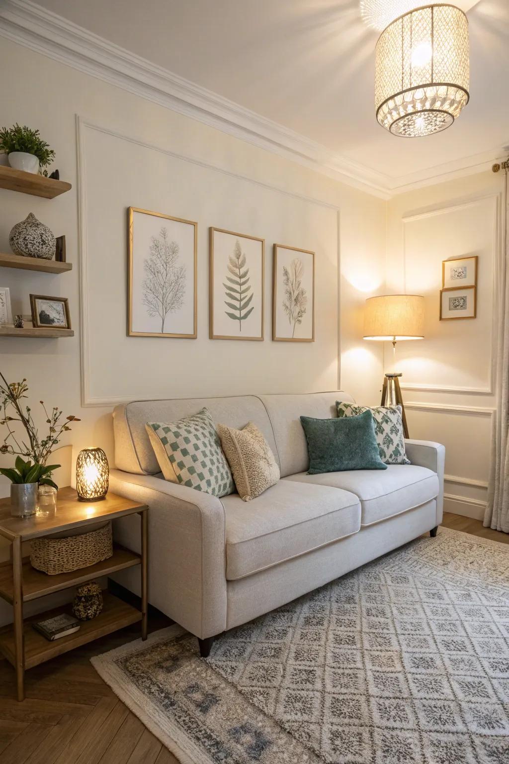 A narrow-frame sofa enhances the spaciousness of a small living room.