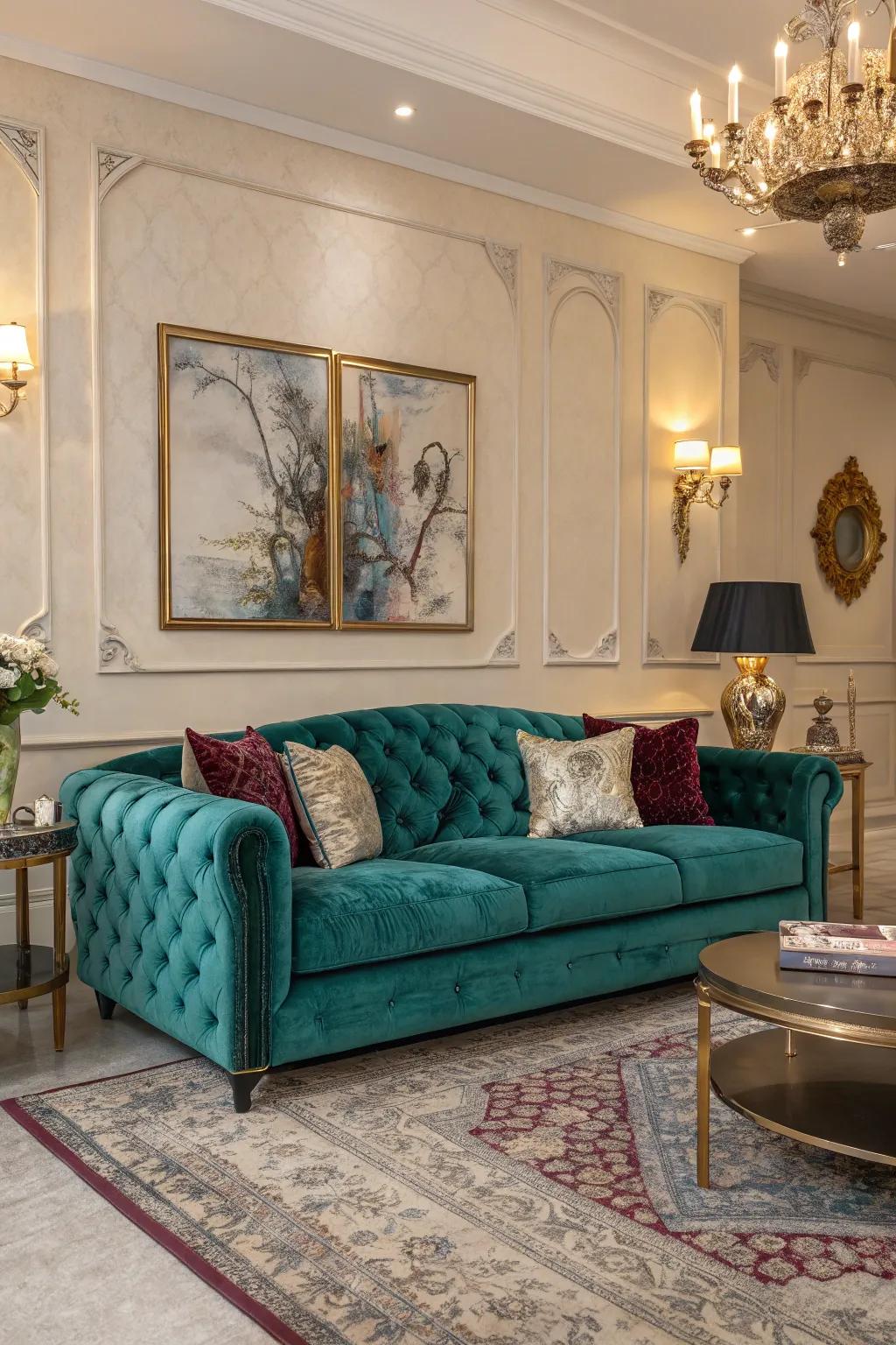 A velvet sofa adds a touch of opulence and sophistication.