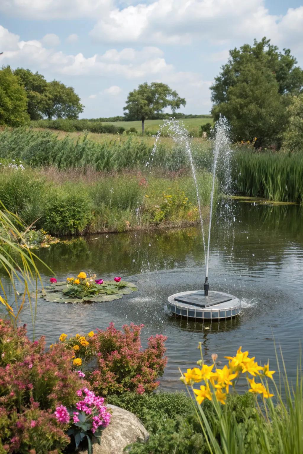 A mobile solar fountain adding movement and vitality to a garden pond.