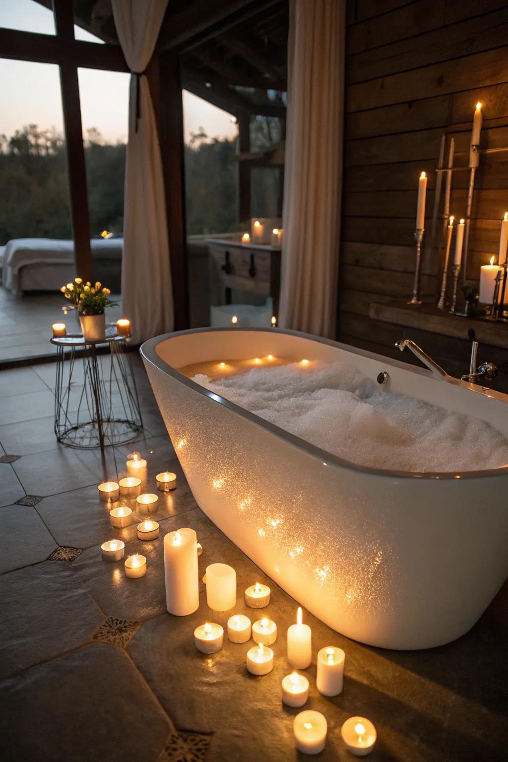Indulge in a luxurious bath surrounded by calming candles.