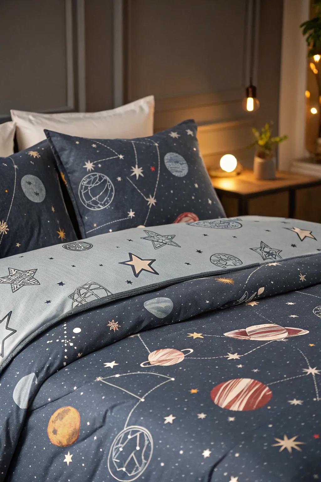 Celestial bedding combines coziness with cosmic design.