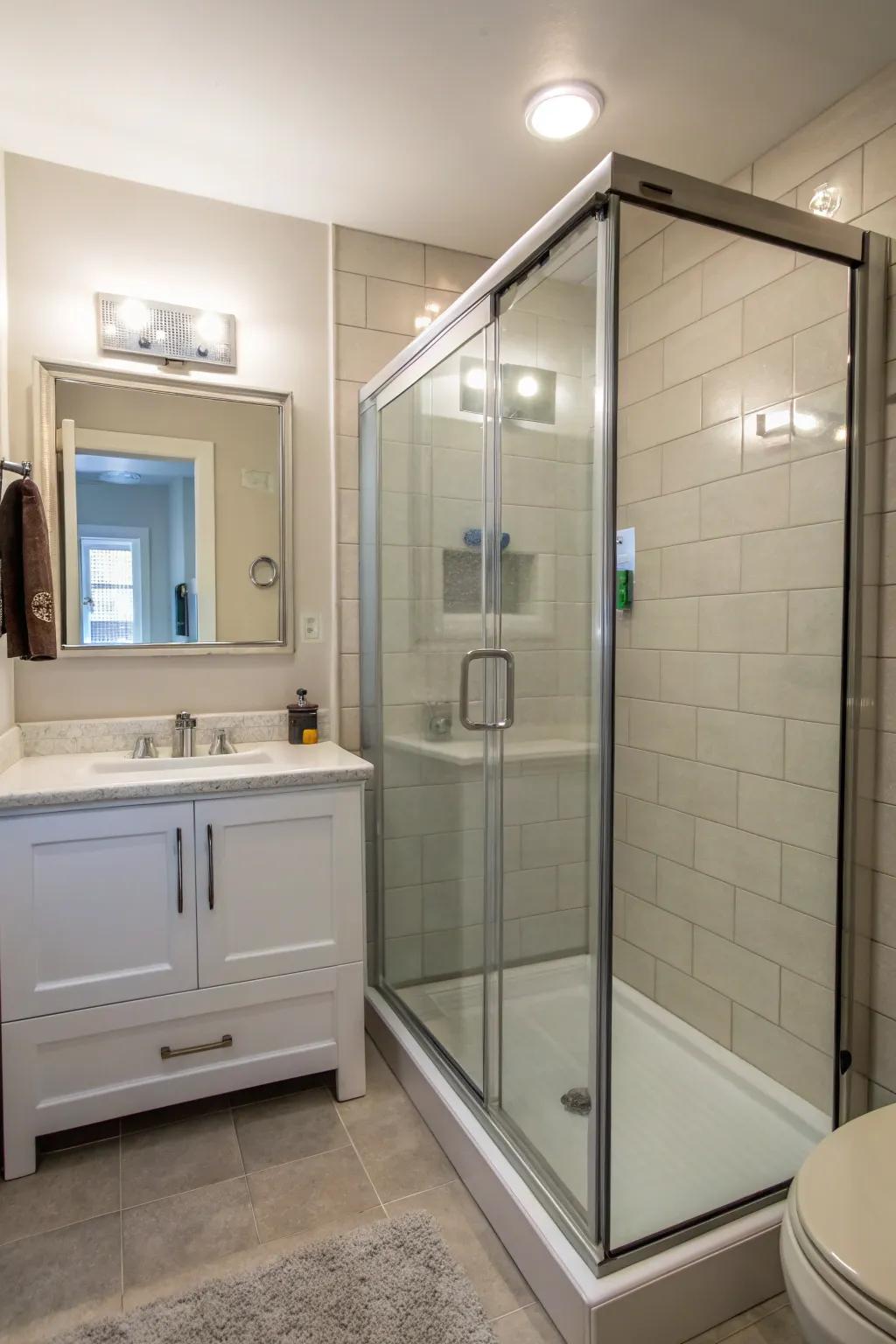 A luxurious walk-in shower maximizes space in a smaller bathroom.