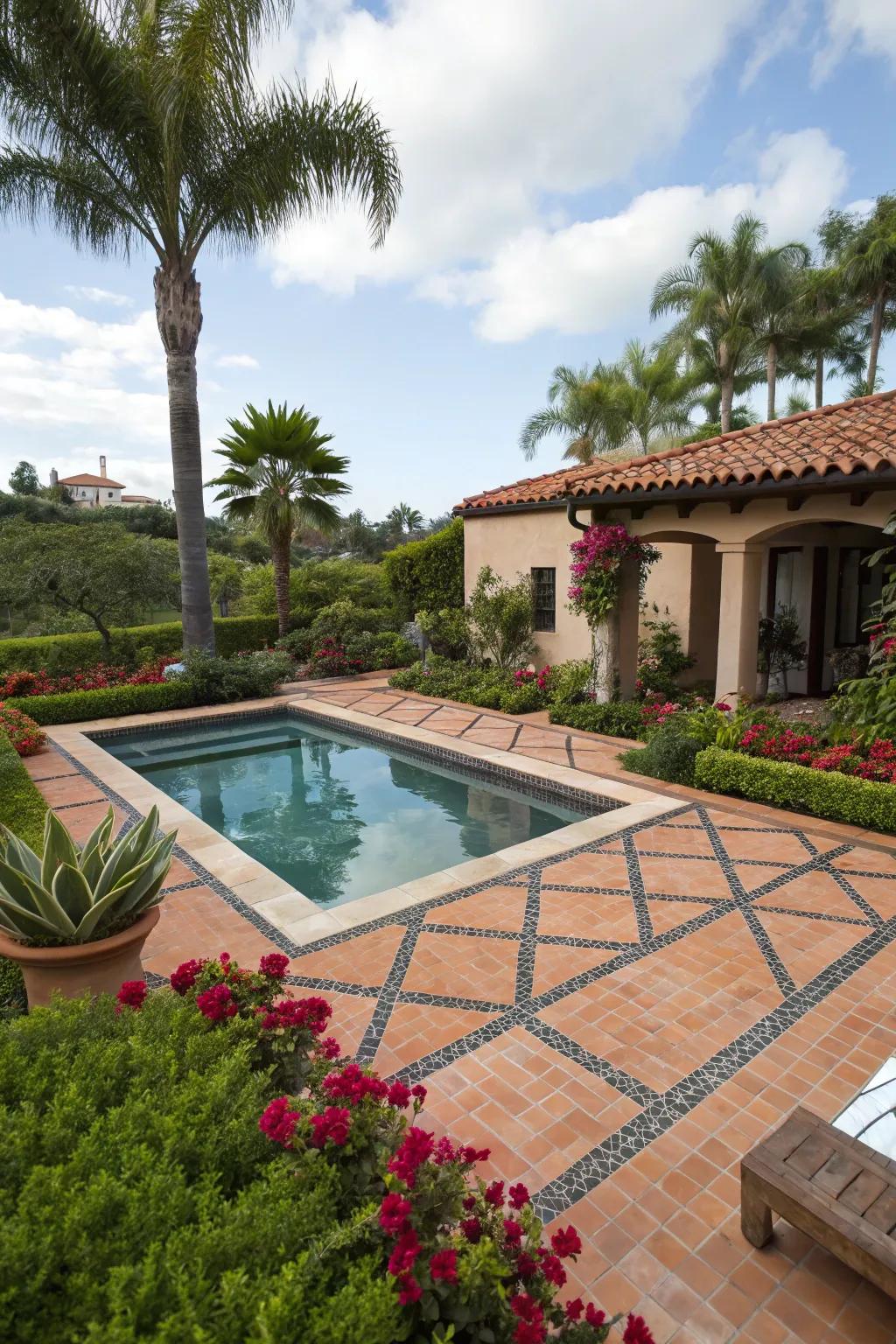 A geometric pool design adds modern flair to this traditional Spanish setting.