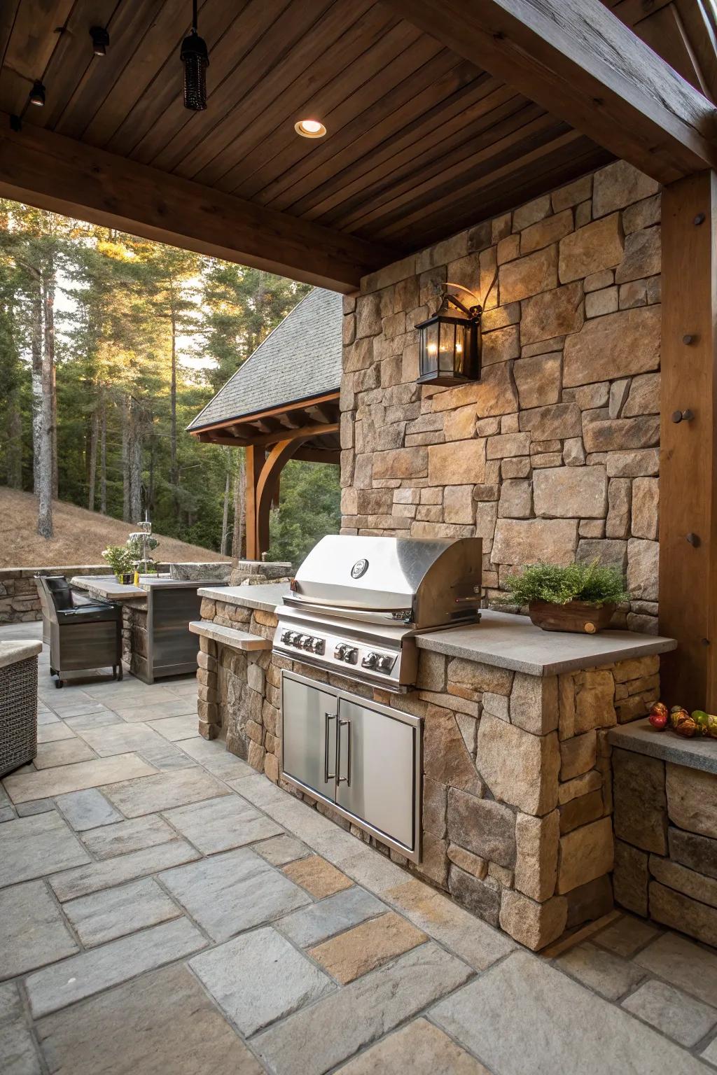 A built-in grill is the focal point of this rustic outdoor cooking space.