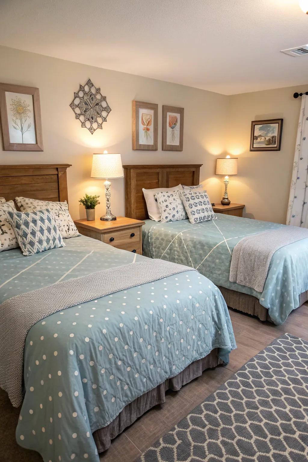 Side-by-side beds with personalized décor in a shared bedroom.