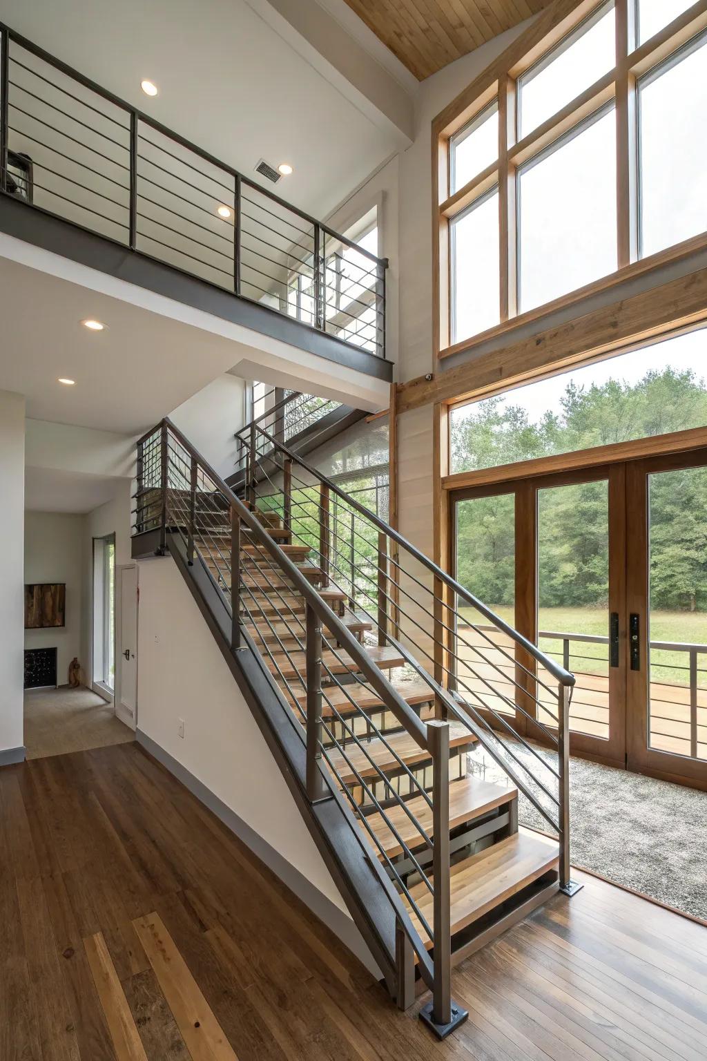 Industrial metal pipe railings add an edgy feel to a split-level home.