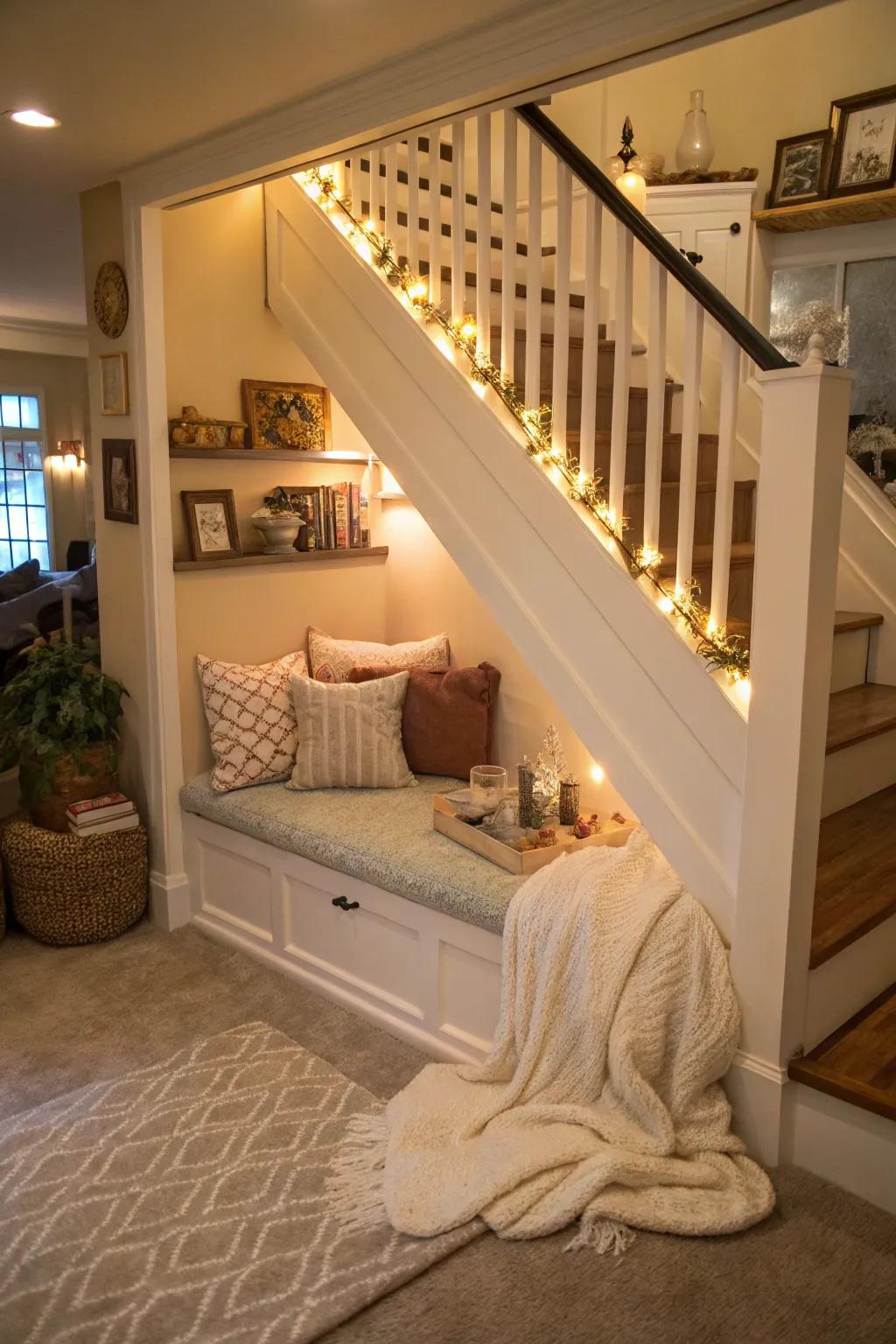A relaxing corner under the stairs provides a perfect getaway.