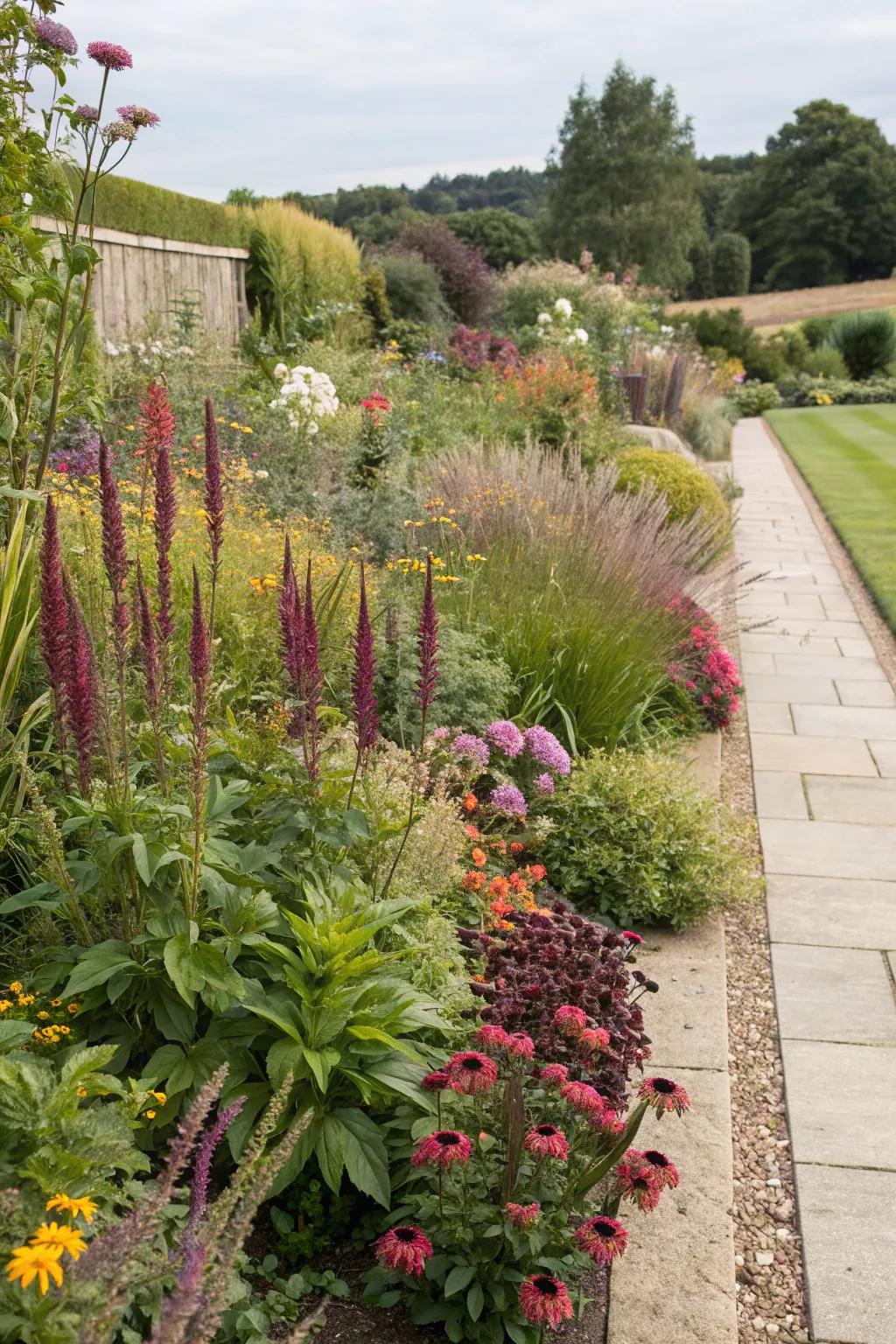 Layered planting lends depth and dimension to garden borders.