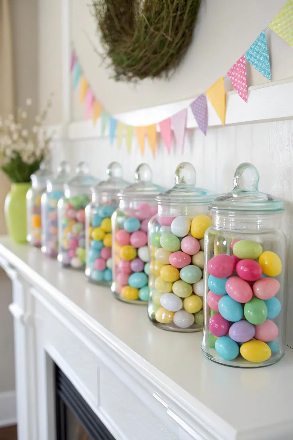 Brighten your mantel with jars filled with colorful Easter eggs.