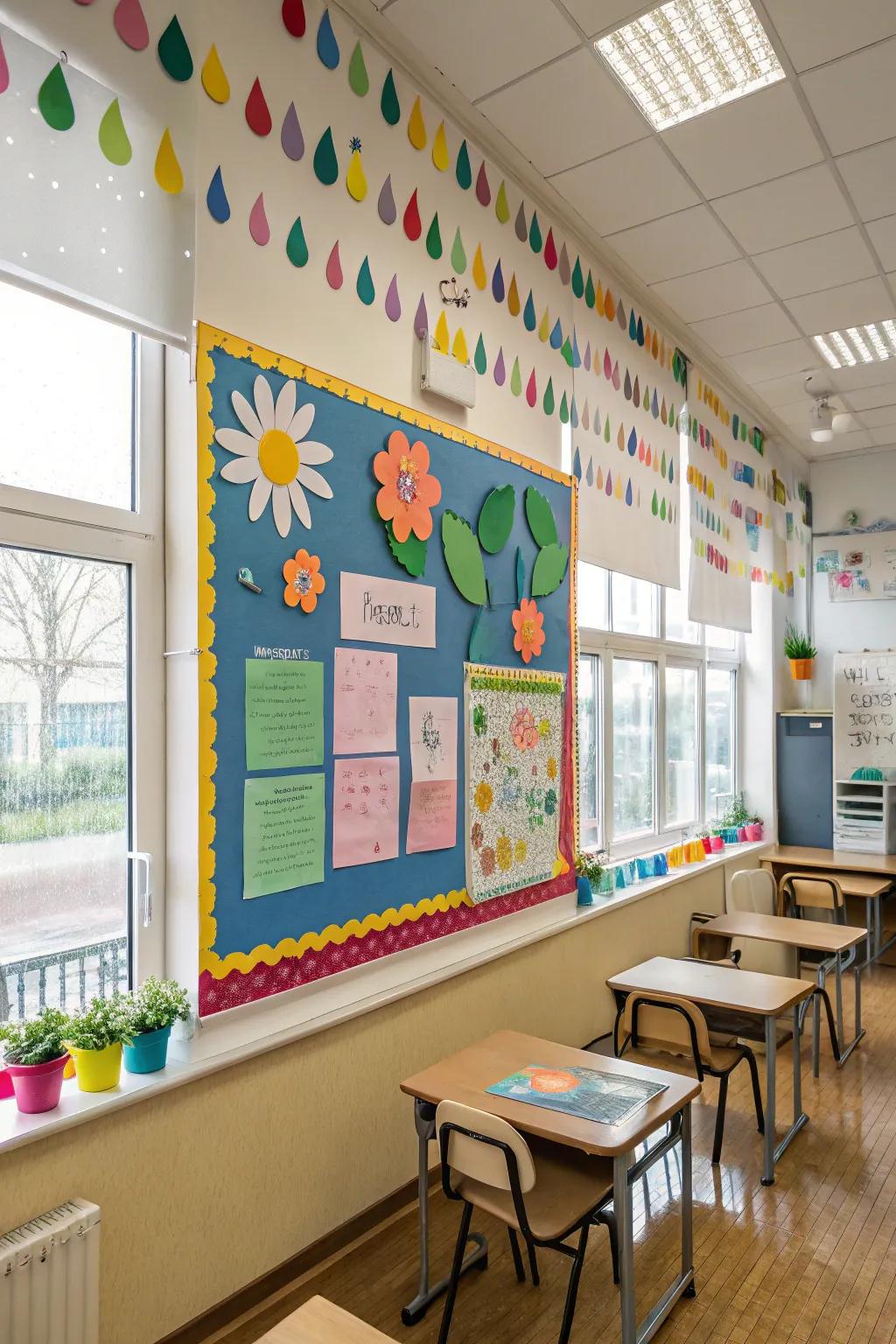 The season's showers and blossoms are vividly portrayed on this bulletin board.