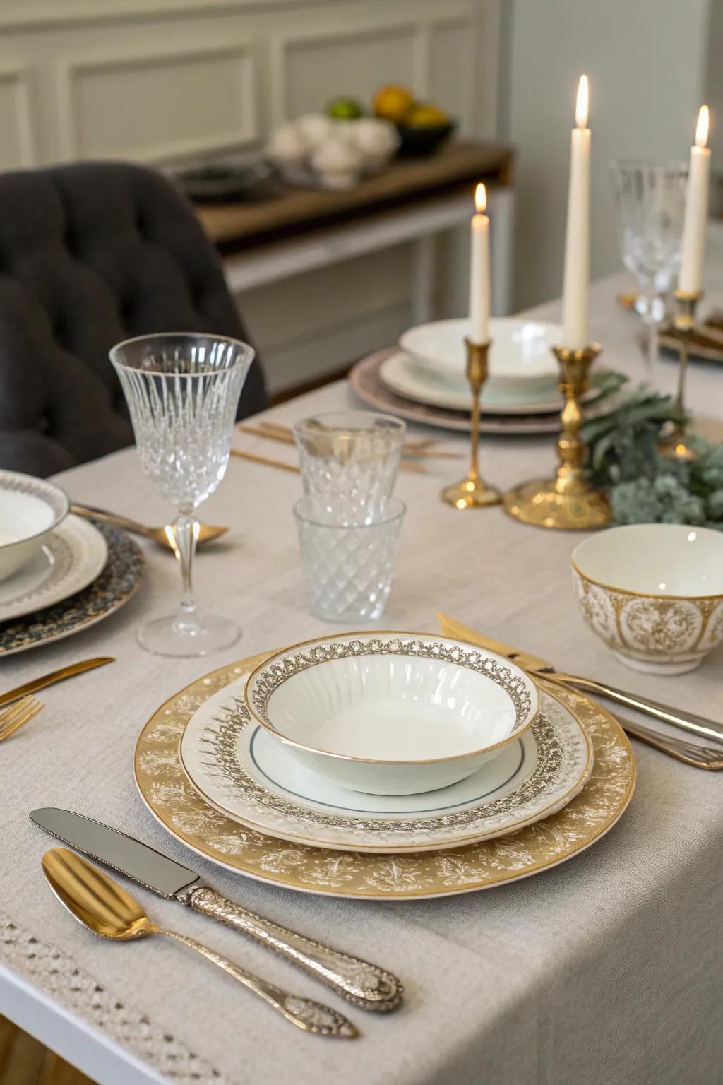 A combination of old and contemporary dinnerware for a stylish look.