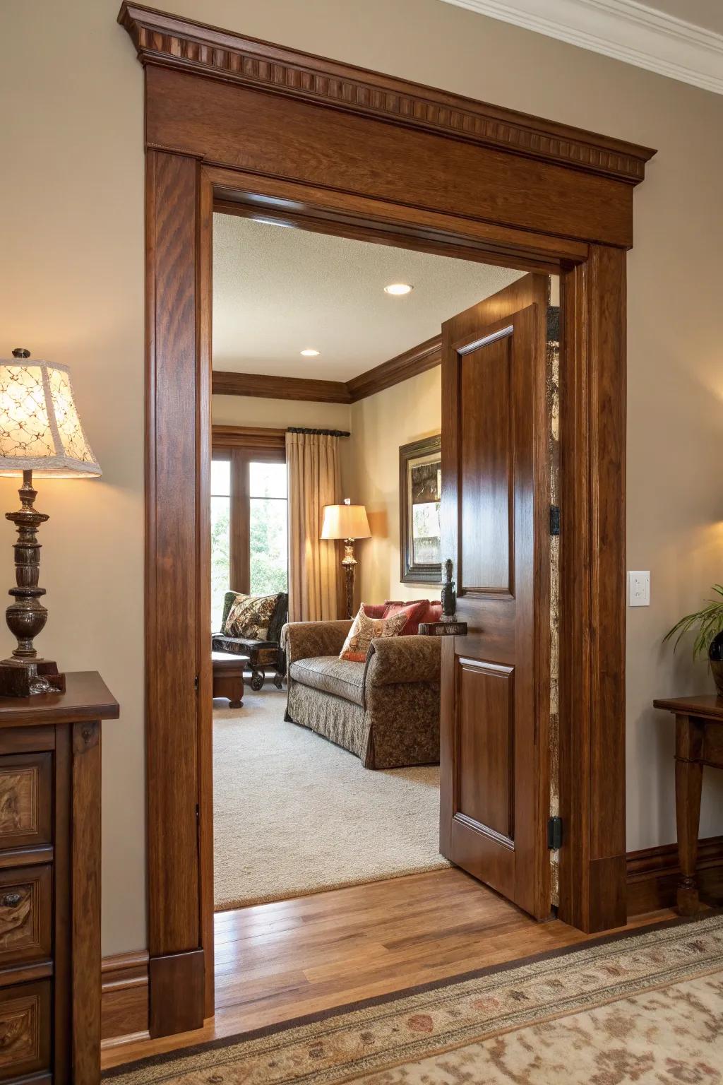 Wood trim with a stained finish introducing warmth and texture into a comfortable living space.