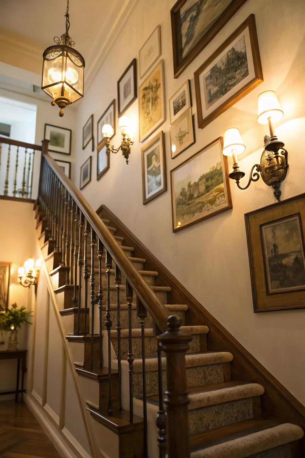 Vintage sconces elegantly illuminate the stairway gallery.
