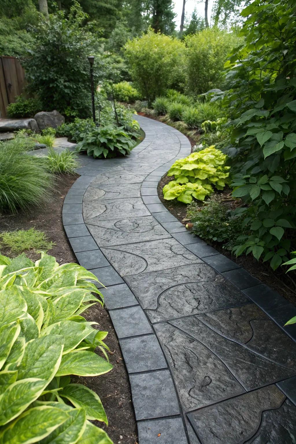 Dark gray features contribute a strong touch to this garden walkway.
