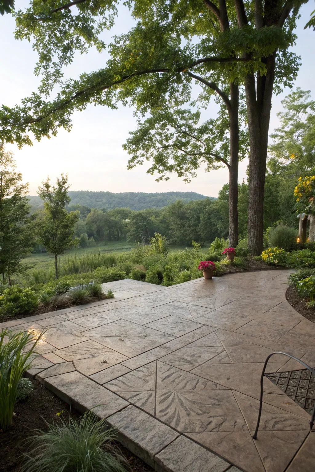 A stamped concrete patio in sync with its natural surroundings.