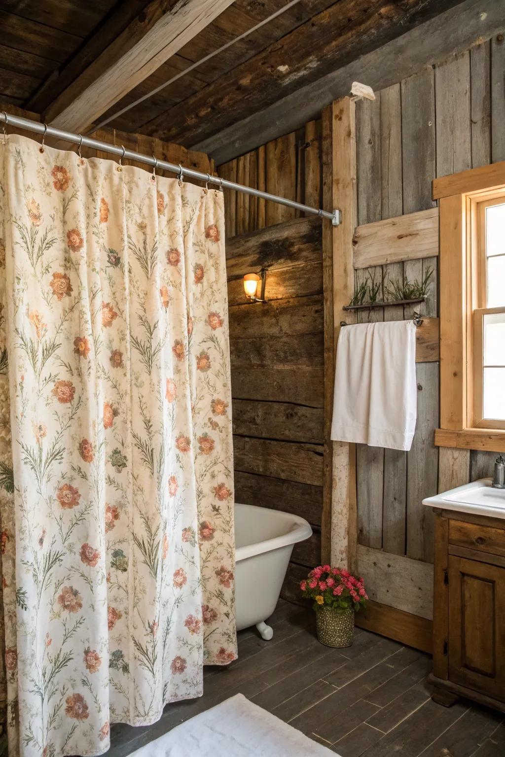 Vintage shower curtains contribute a rustic charm to your bathroom.