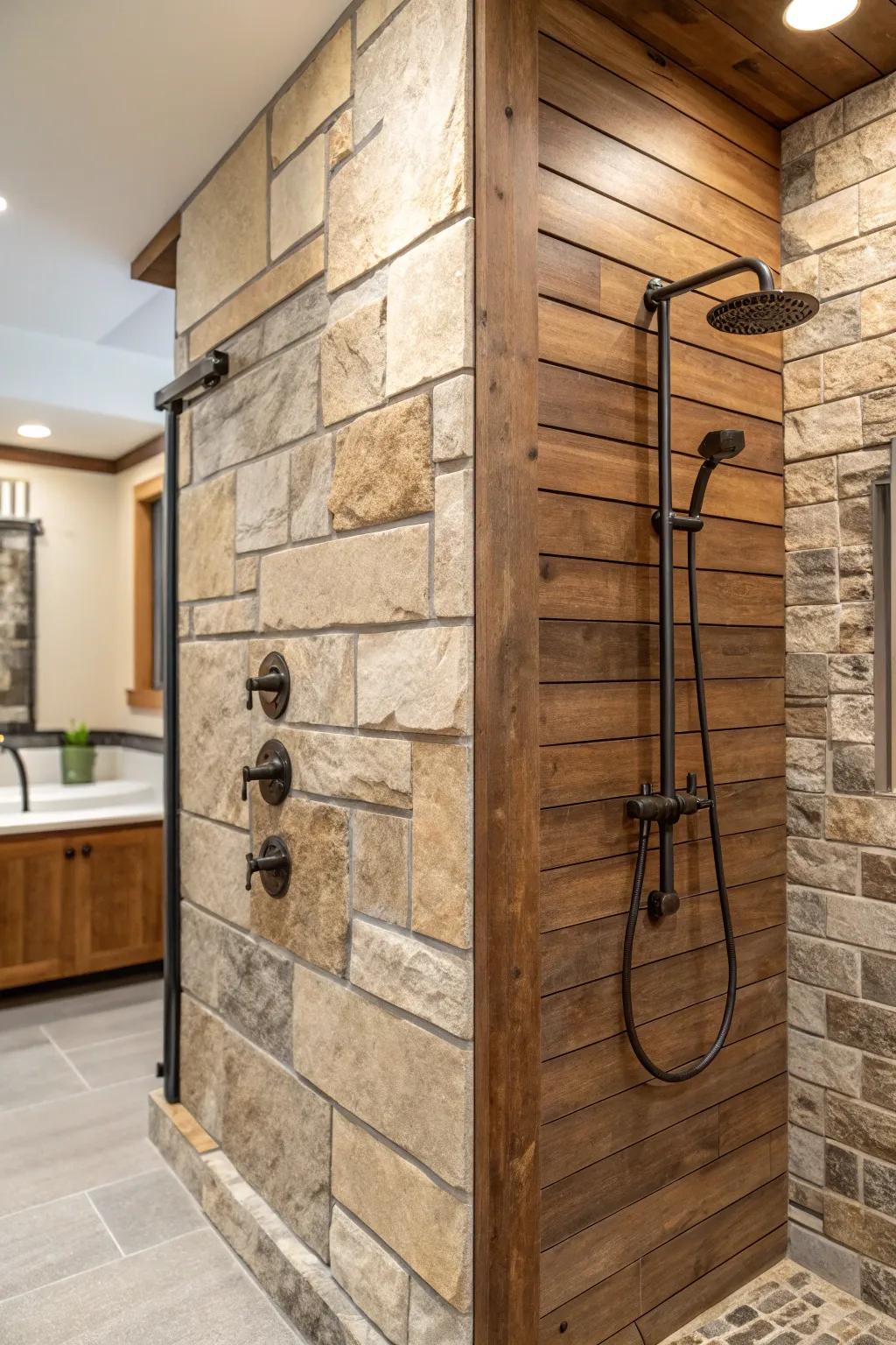 Mixed materials provide a rich and textured shower environment.