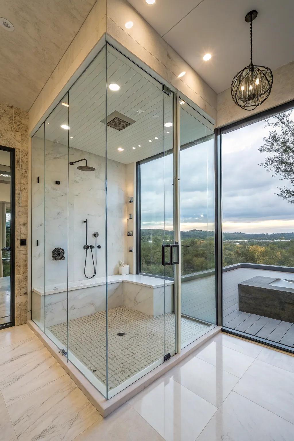 A larger glass enclosure creates an open and luxurious atmosphere.