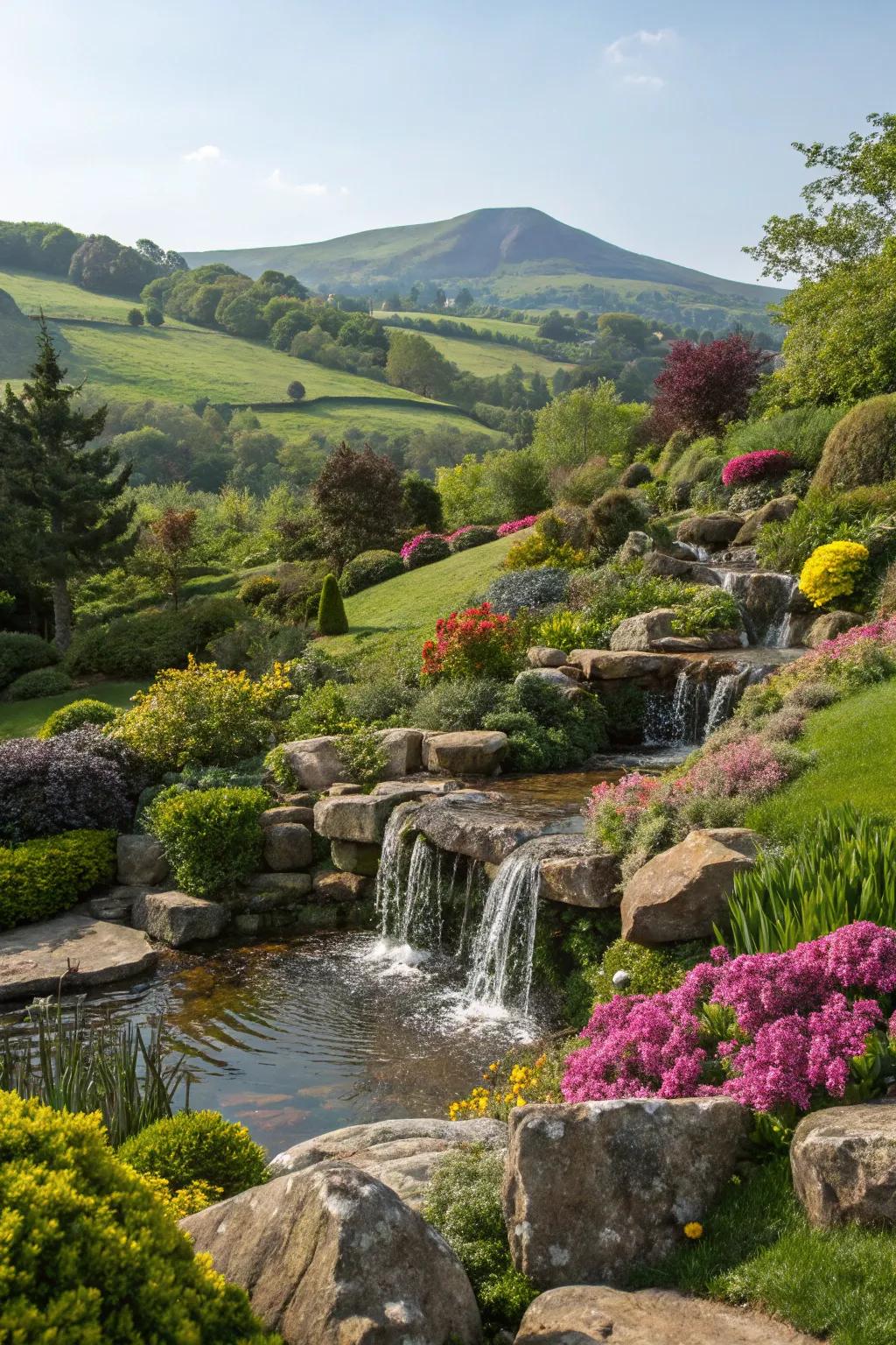 A cascade adds a calming, dramatic essence to hillside gardens.