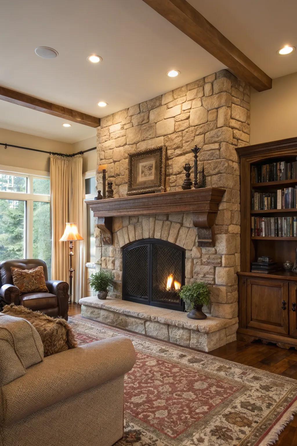A traditional living room showcases a stone fireplace featuring a matching stone mantel.