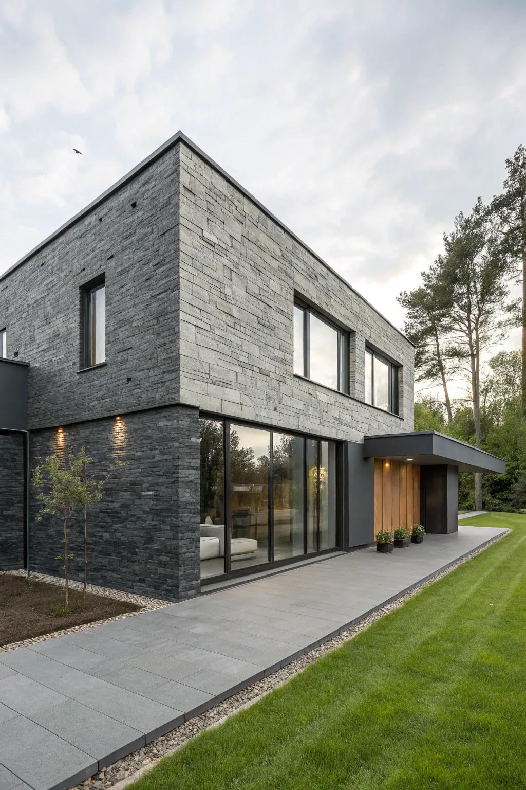 A modern house with a sleek slate stone facade.