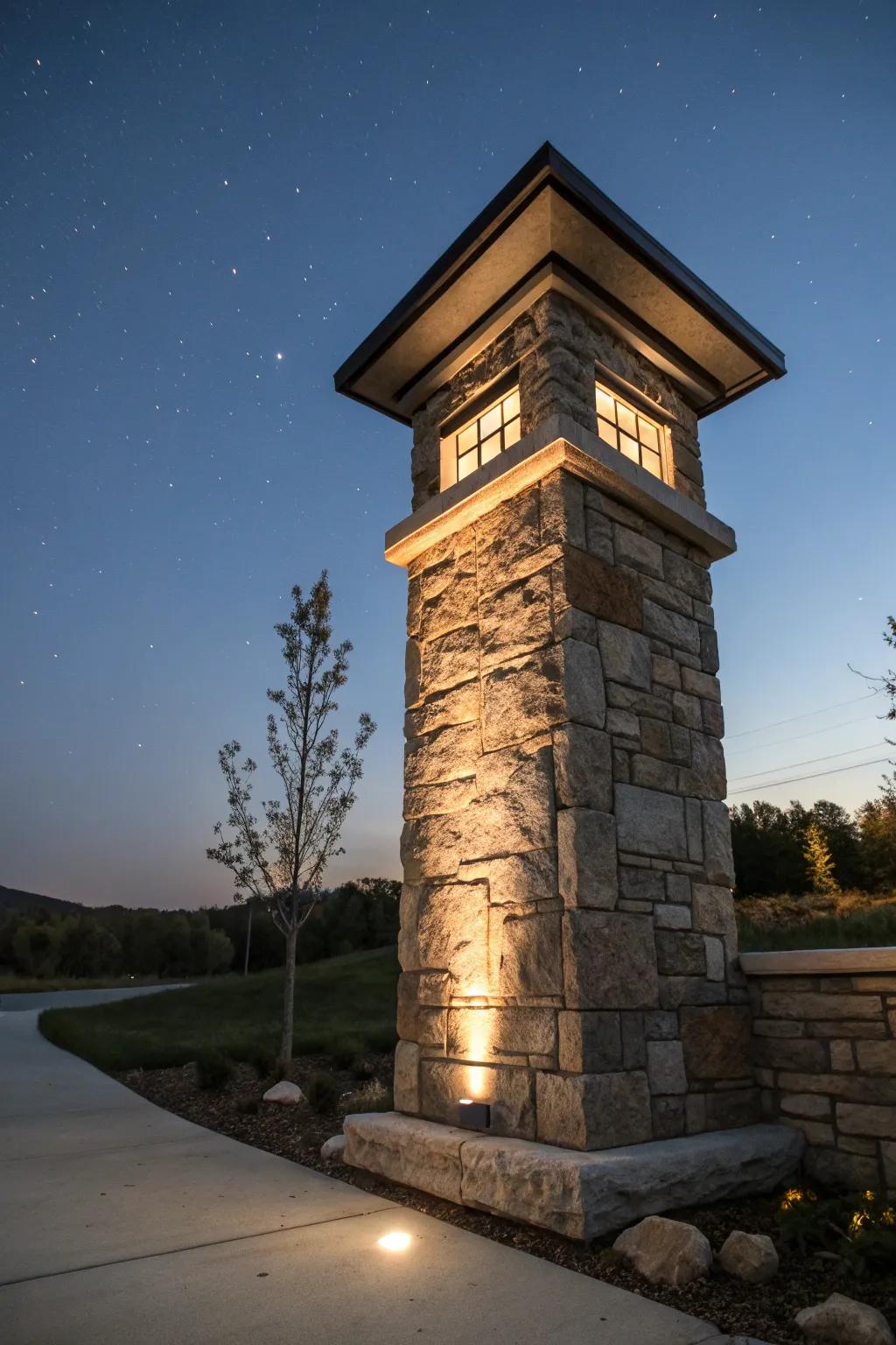 A beautifully illuminated stone mailbox pillar improving nighttime charm.