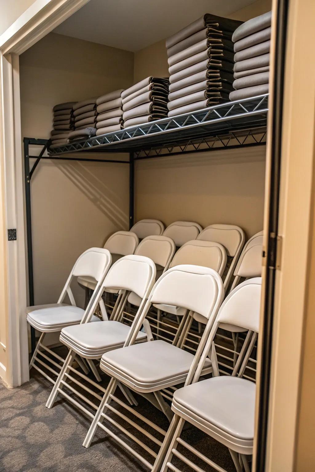 Make the most of your closet space for storing folding chairs in an organized way.