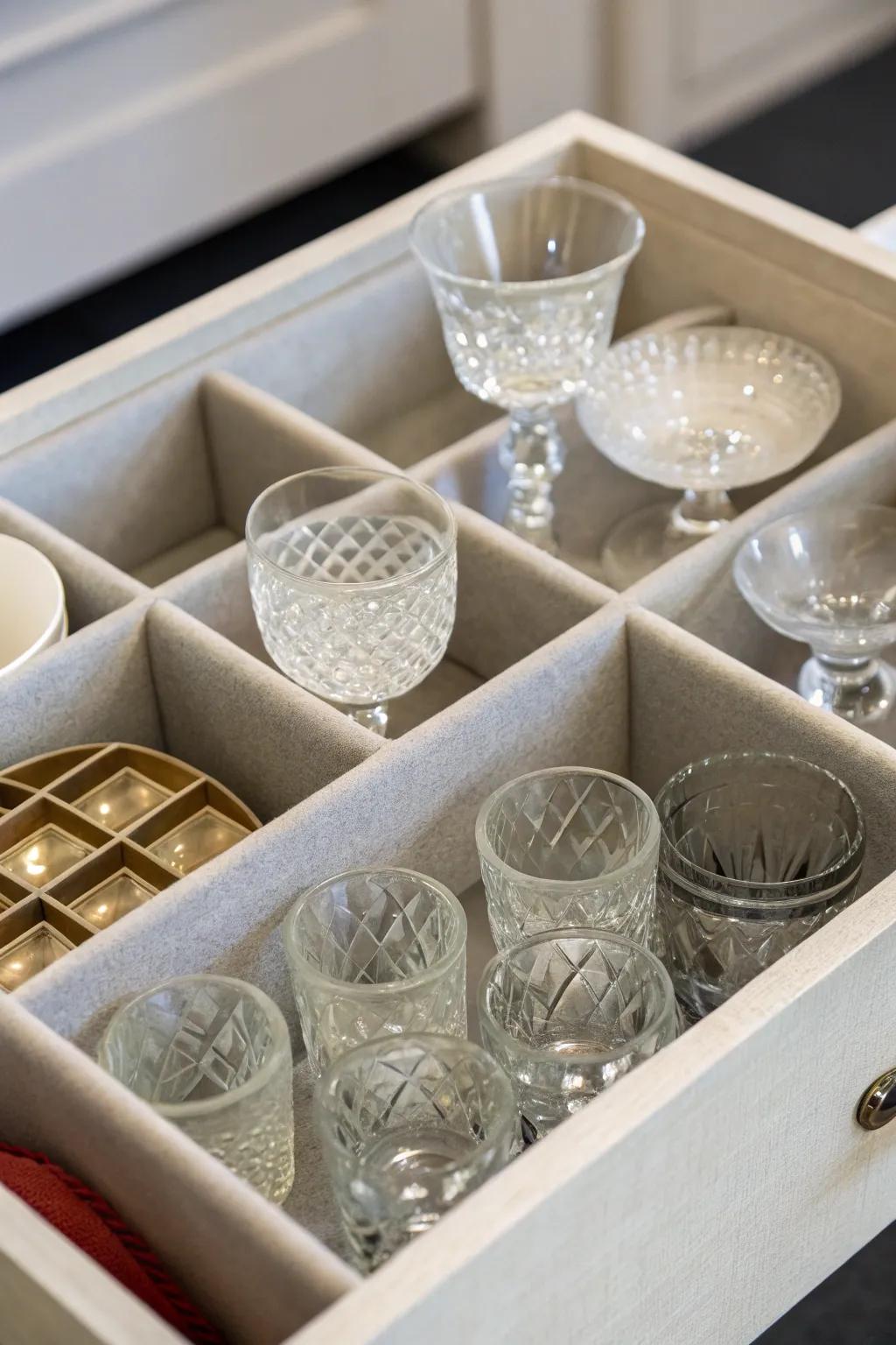 Boxes with compartments provide safe storage for fragile glassware.