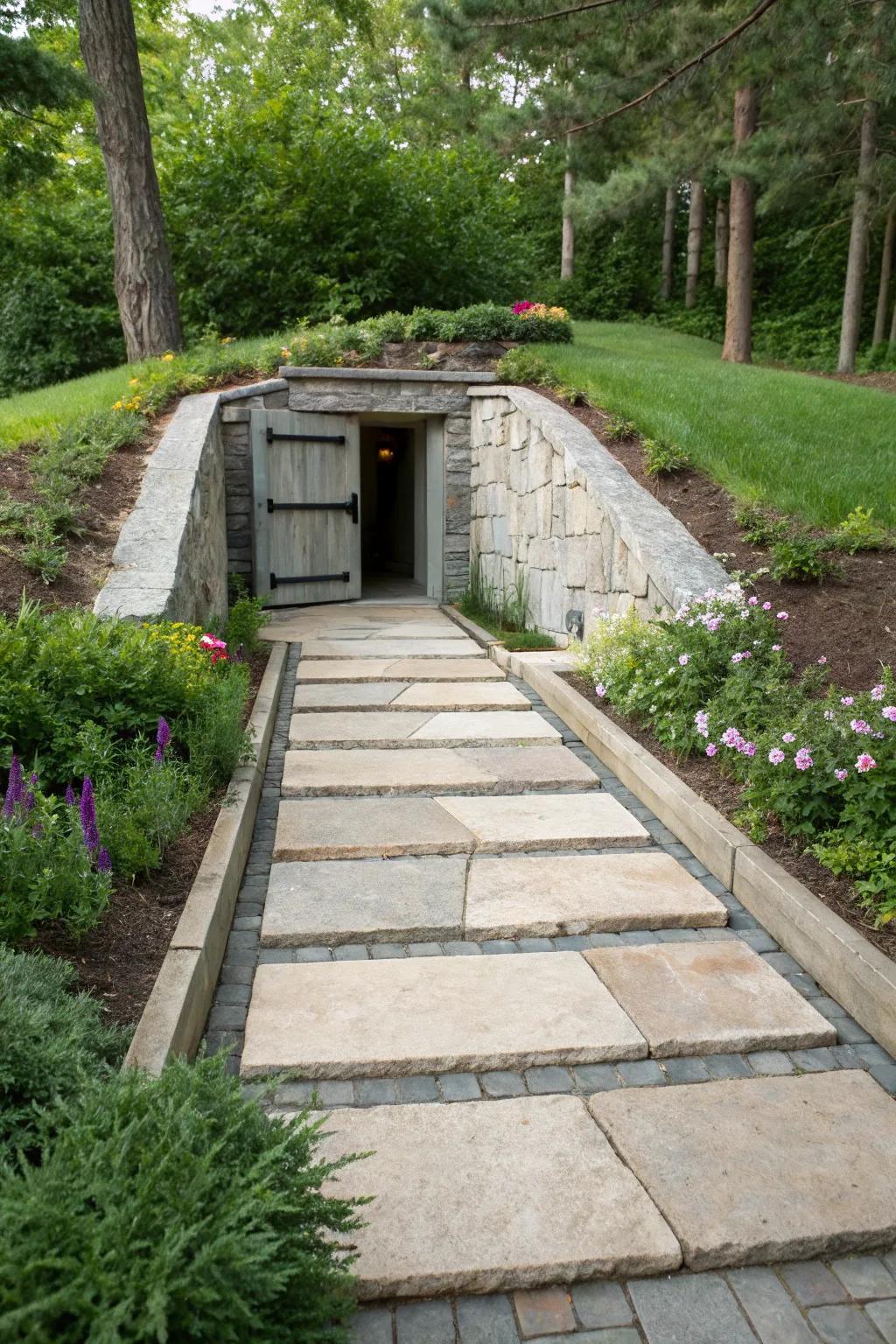 Hardscaped walkways deliver style and facilitate straightforward access to your storm shelter.