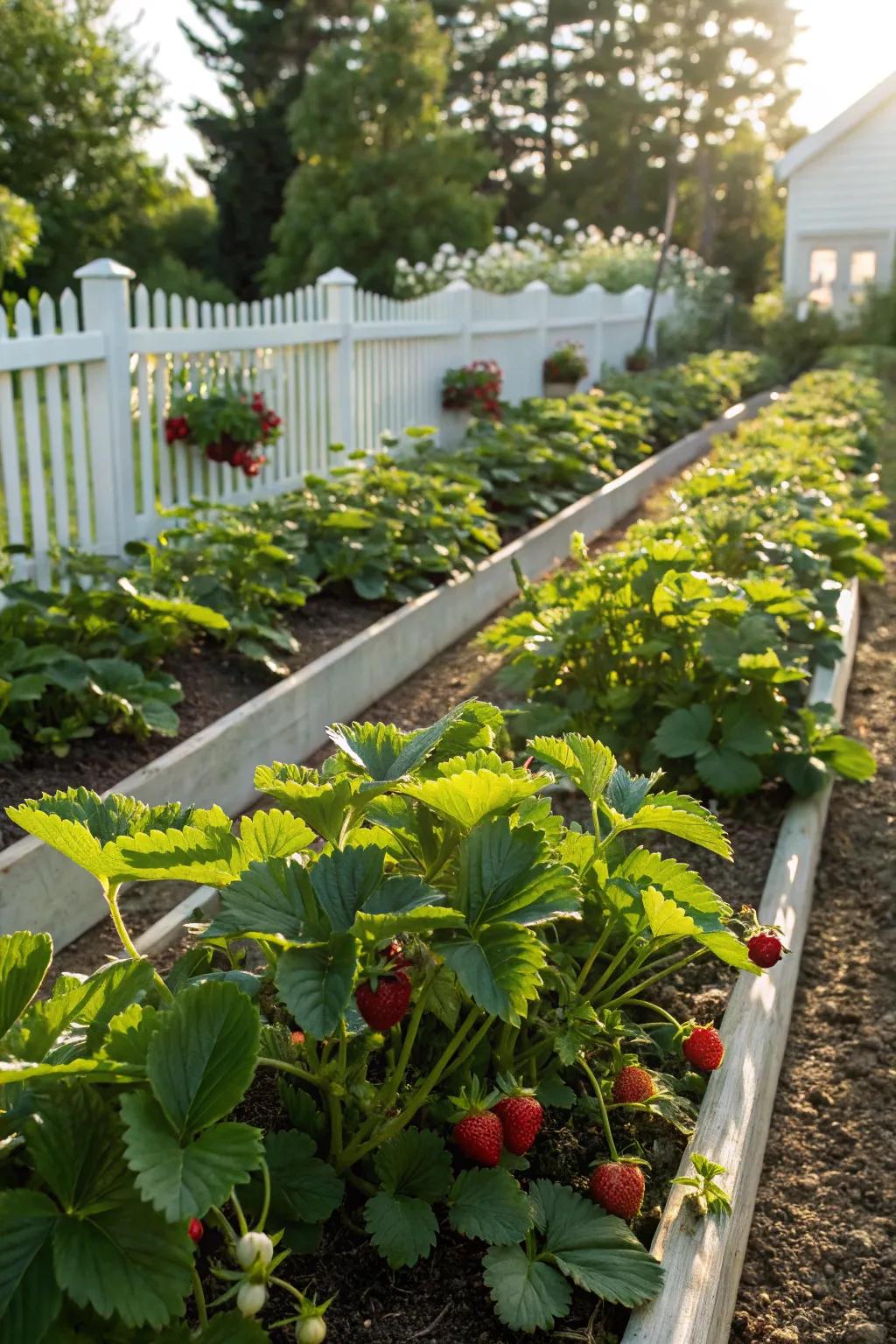 Typical rows of strawberry seedlings in a bright garden.