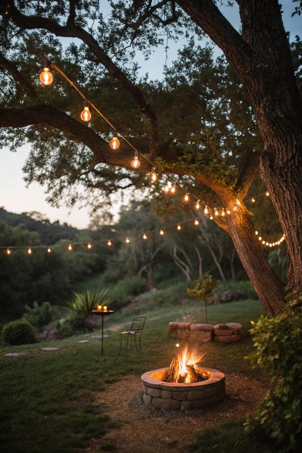 Glow strands hanging from trees fashion a natural awning.