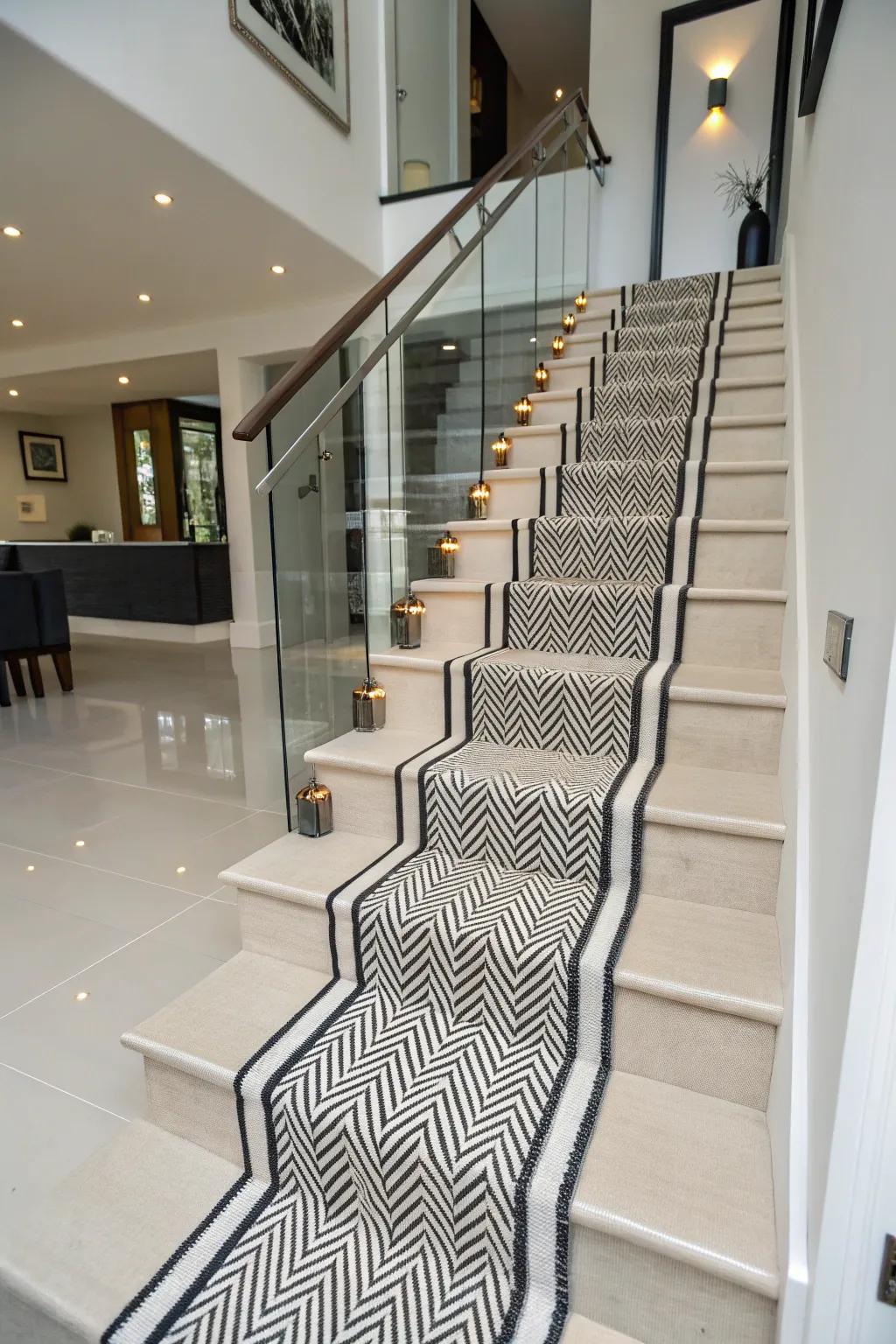 A contemporary twist with diagonal stripes for a dynamic staircase design.
