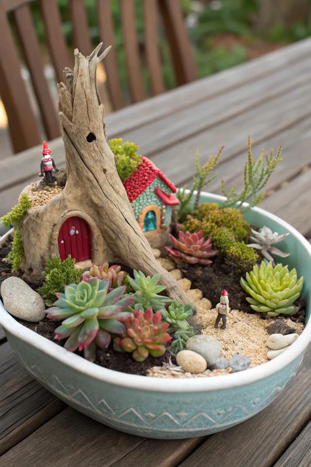 A whimsical, scaled-down succulent landscape.
