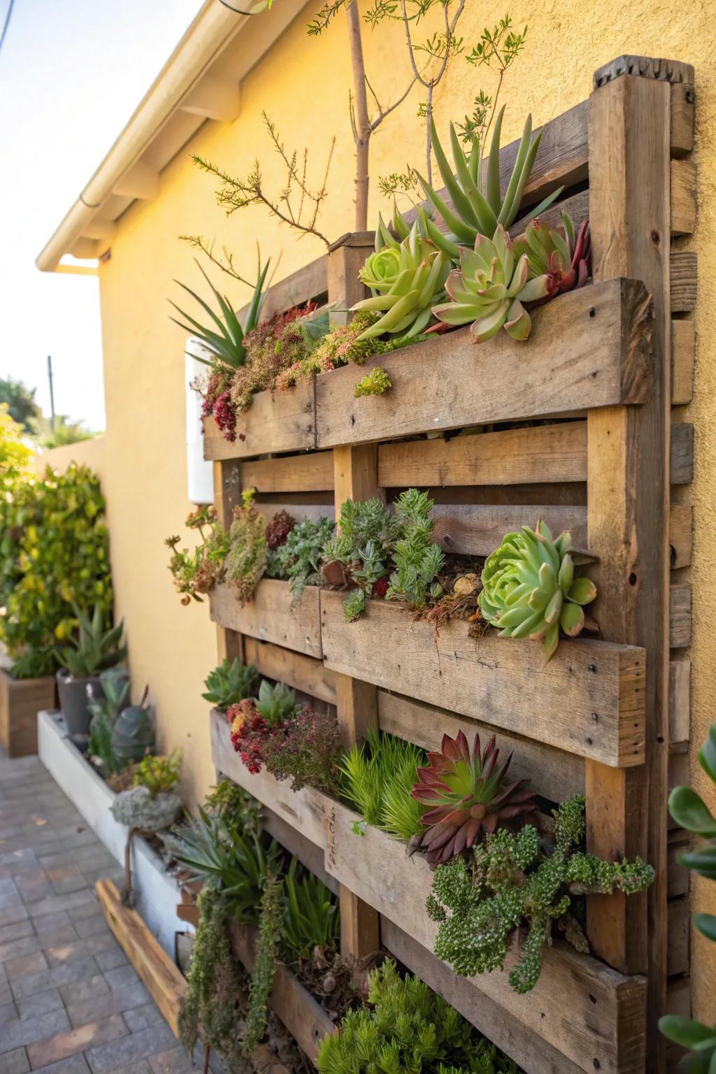 An inventive green wall employing a repurposed timber pallet to exhibit succulents.