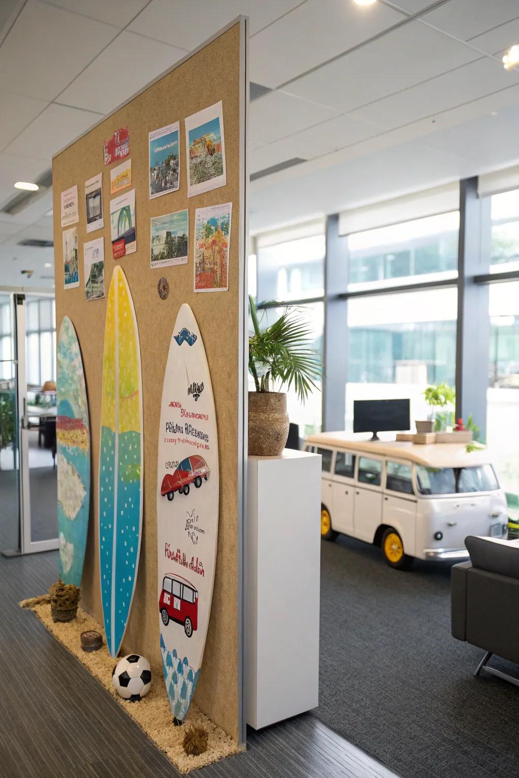 Inspire wanderlust with travel elements such as surfboards and recreational vehicles.