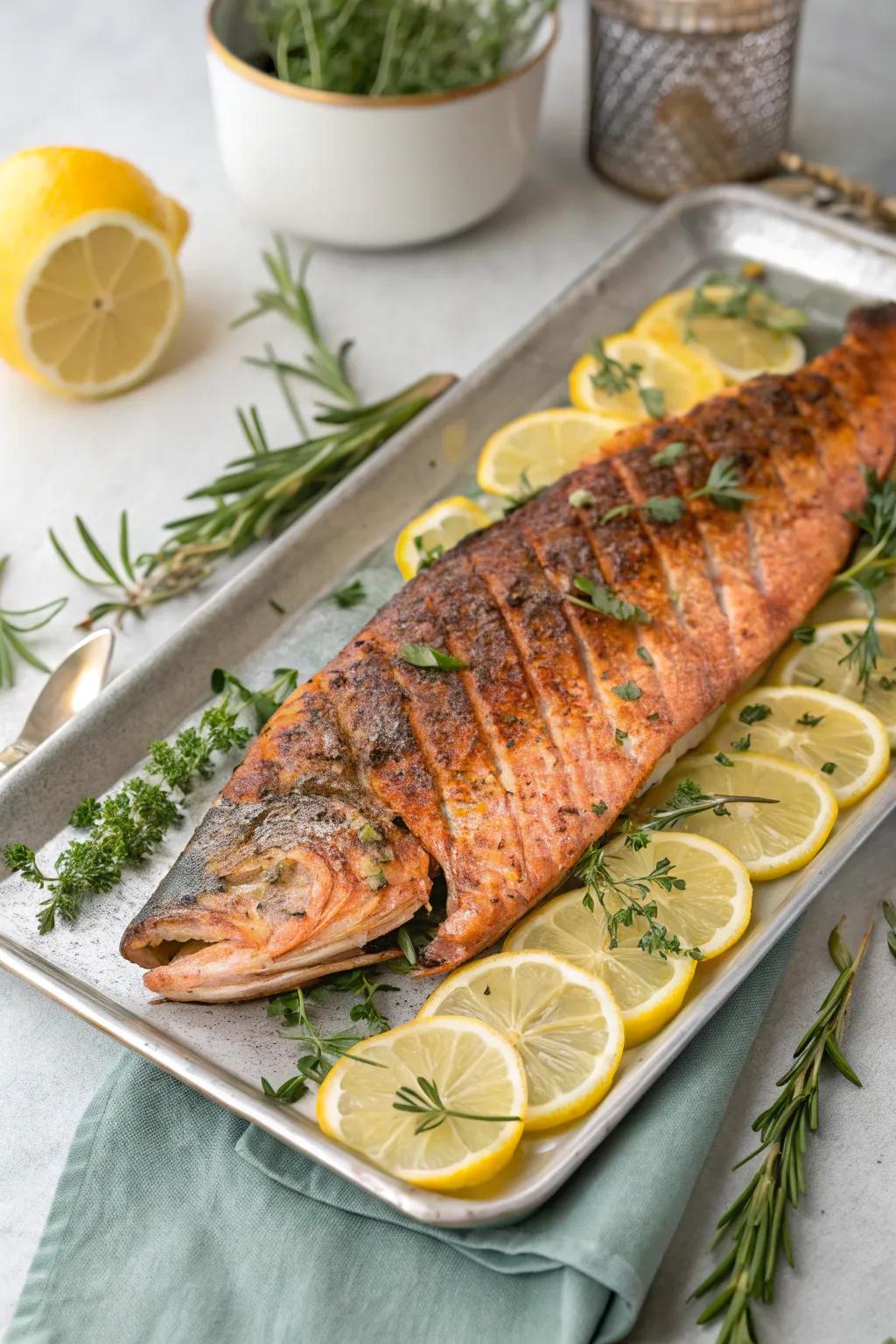 A superbly grilled salmon fillet prepared to be served.