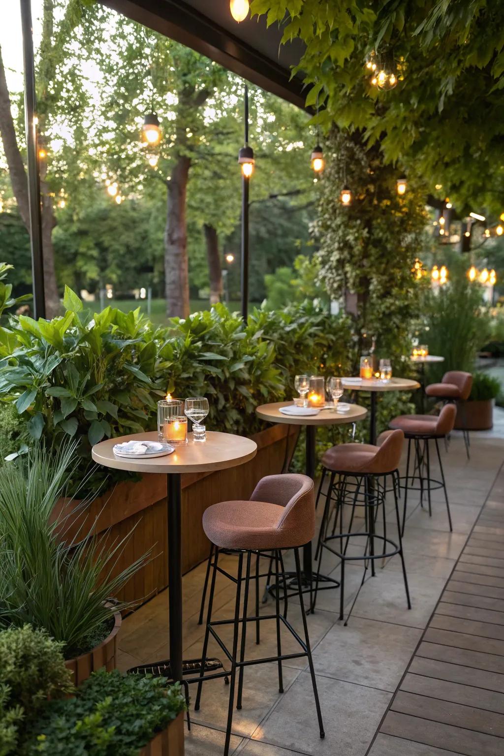 Comfy high stools make an inviting spot for guests to unwind and chat.