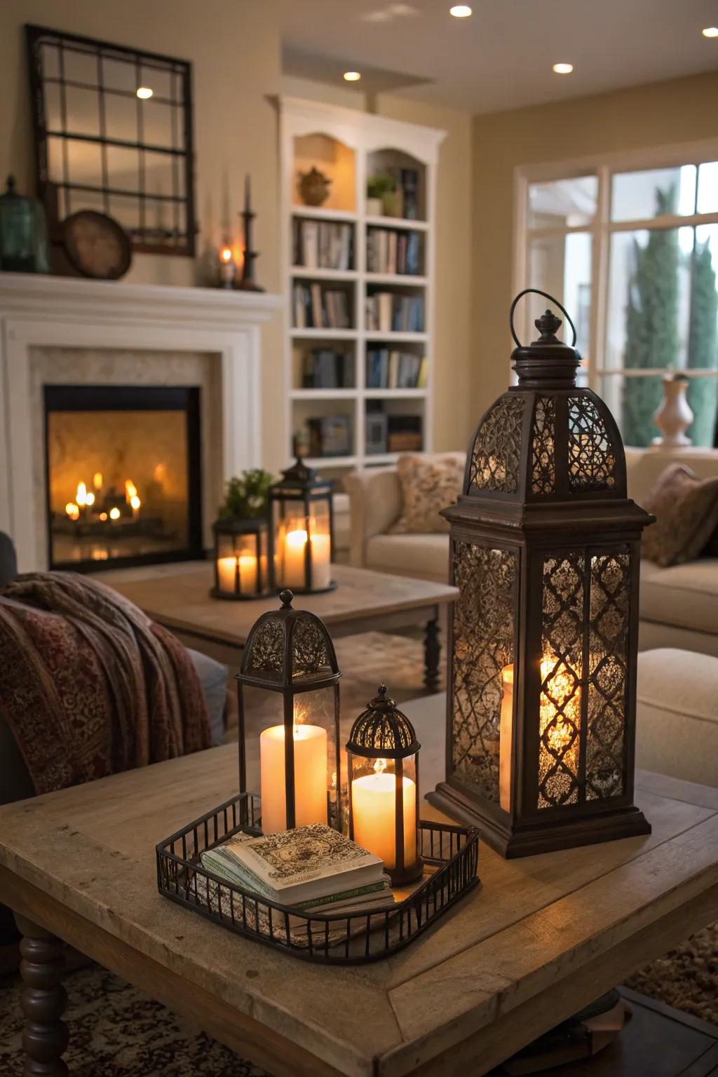 Lights and candles create a cozy and inviting mood.