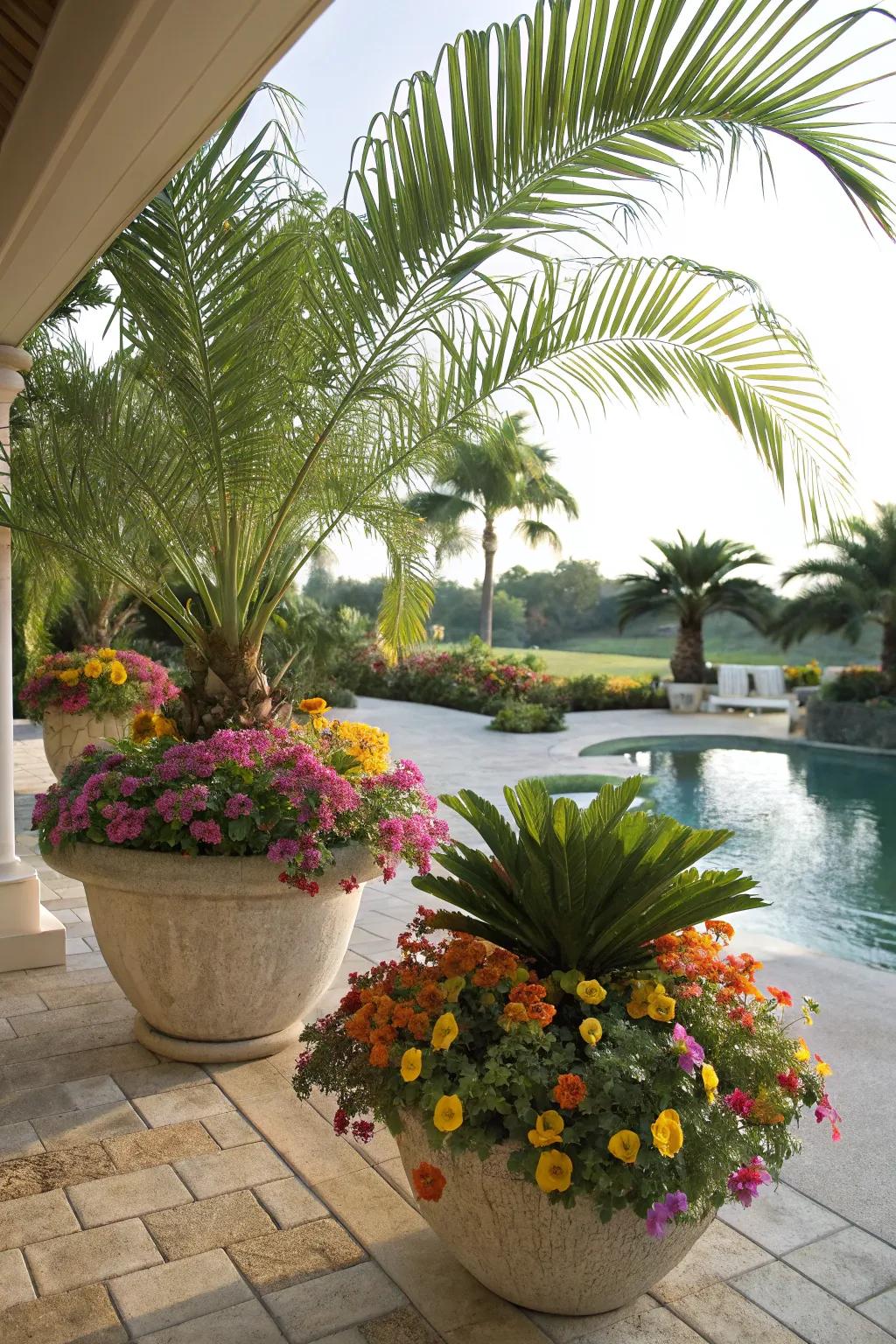 Tropical palm varieties paired with radiant flowers