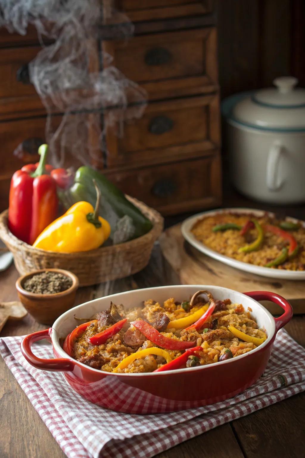 A fiery Sunday treat: tangy chorizo and rice bake.