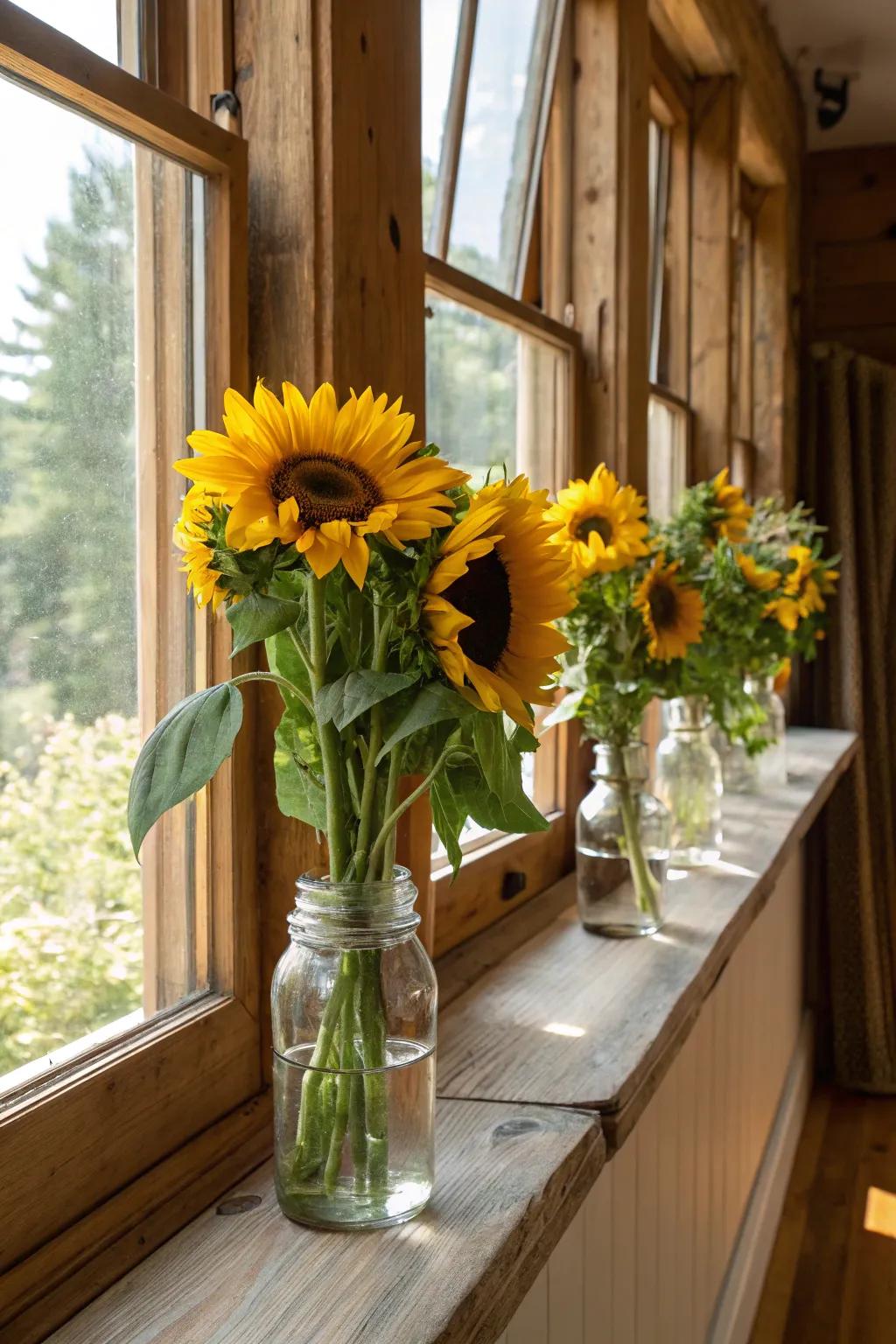 Bring country charm to your kitchen with sunflowers in classic jars.