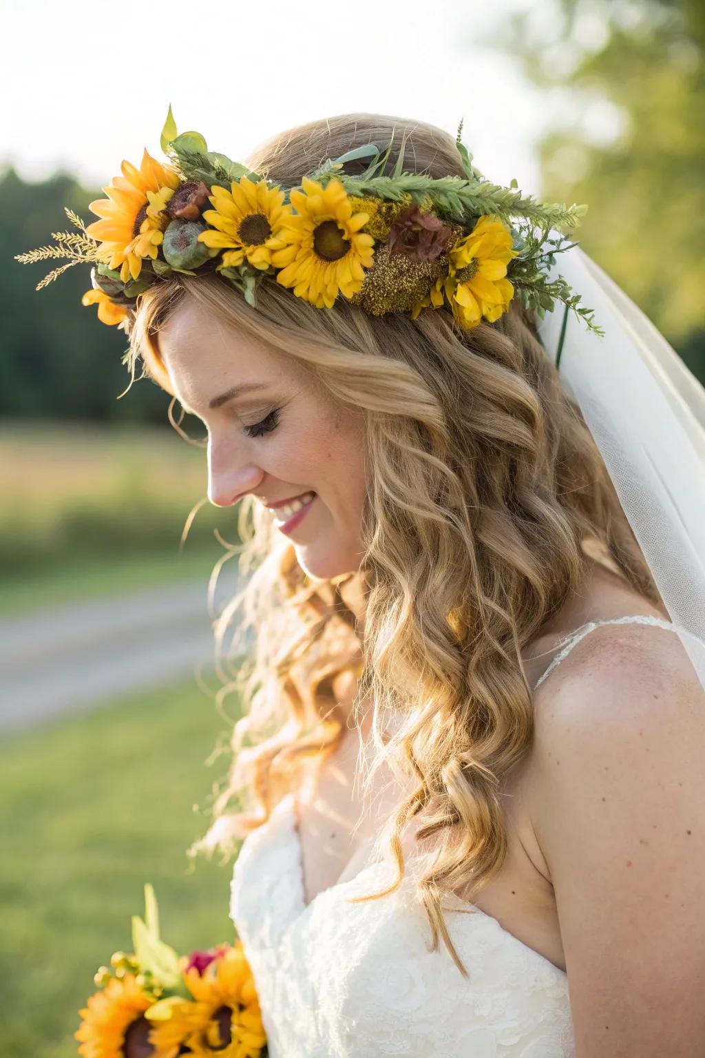 A bride adorned with a daisy crown, showcasing a playful hairstyle.