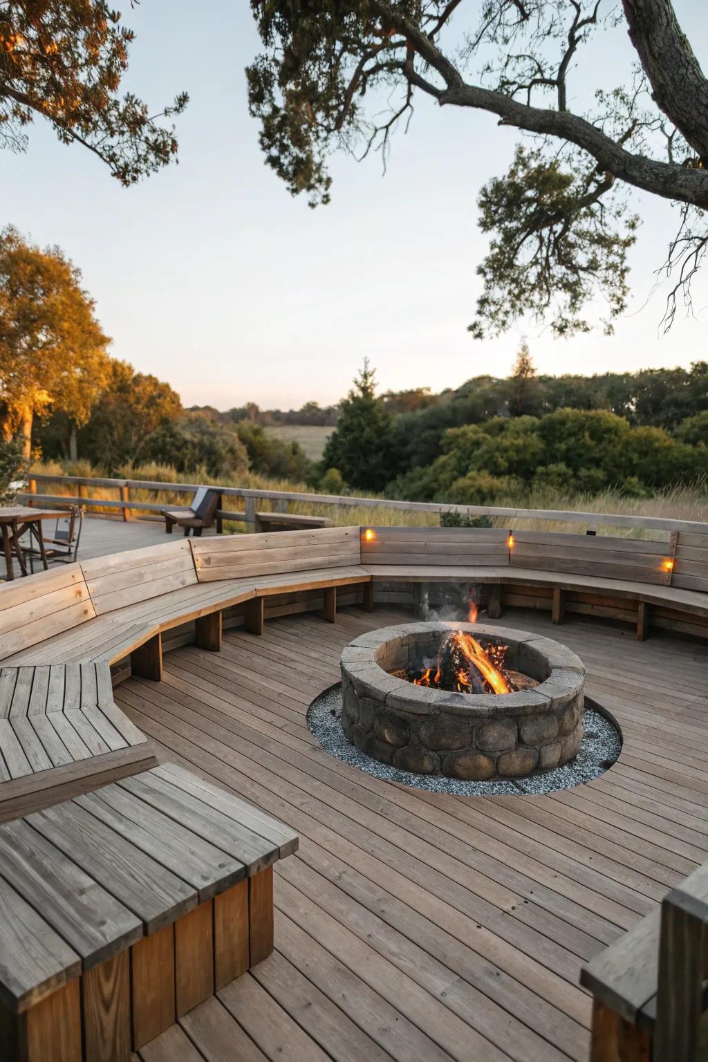 Timber accents enhance the warmth of this recessed fire pit.