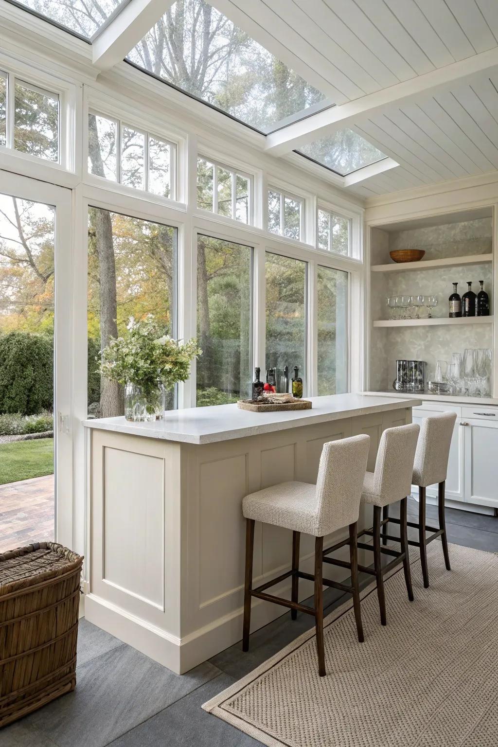 A simple design keeps your sunroom bar elegant and airy.